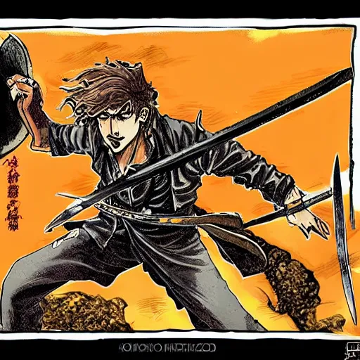 Prompt: attractive 22 year old Frank Zappa golden Vagabond magic swordsman glides through a beautiful battlefield magic the gathering dramatic esoteric!!!!!! pen and ink!!!!! illustrated in high detail!!!!!!!! by Hiroya Oku!!!!! Written by Wes Anderson graphic novel published on shonen jump 2002 award winning!!!!