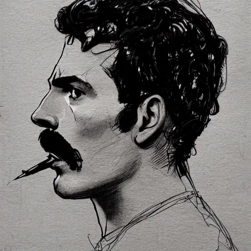 Prompt: a realistic yet scraggly portrait sketch of the side profile of a stern and sophisticated freddie mercury, trending on artstation, intricate details, in the style of frank auerbach, in the style of sergio aragones, in the style of martin ansin, in the style of david aja, in the style of mattias adolfsson