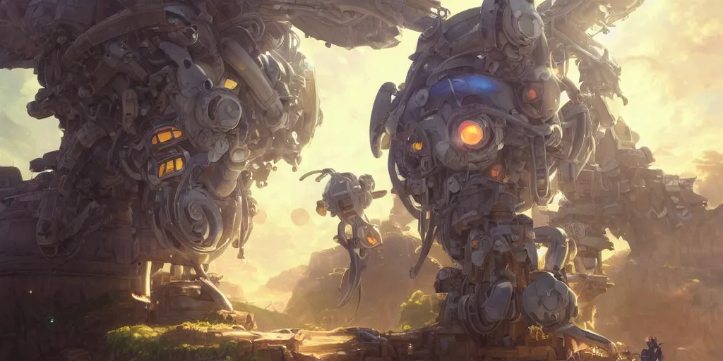 Image similar to humanoid robot mech from made in abyss by akihito tsukushi, backlight, centered rim lighting, deep focus, d & d, fantasy, intricate, elegant, highly detailed, digital painting, artstation, concept art, matte, sharp focus, illustration, hearthstone, art by artgerm and greg rutkowski and alphonse mucha