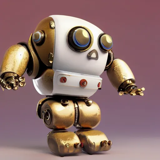 Image similar to a small chubby bot, smooth panelling, one large gold eye intricate detail, style of pokemon, with damaged rusty arms, broken antenna, recycled, floating, white studio, oil, mechanical, toy, ambient light, in the style of pokedstudios, belnder, octane render, 8 k,