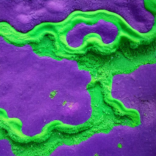 Image similar to landscape covered in purple mold, arial view