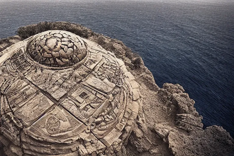 Image similar to old photograph of a gigantic paleolothic sphere made of stone with highly detailed carvings of intricate shamanic robotic electronics and circuits, in a mediterranean lanscape, inside a valley overlooking the sea, by michal karcz, mediterranean island scenery, mediterranean vista