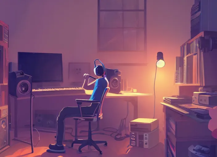 Image similar to man with headphones at his home studio producing music late at night, very detailed, 4 k, cory loftis, james gilleard, atey ghailan, makoto shinkai, goro fujita, studio ghibli, rim light, exquisite lighting, clear focus, very coherent, masterpiece