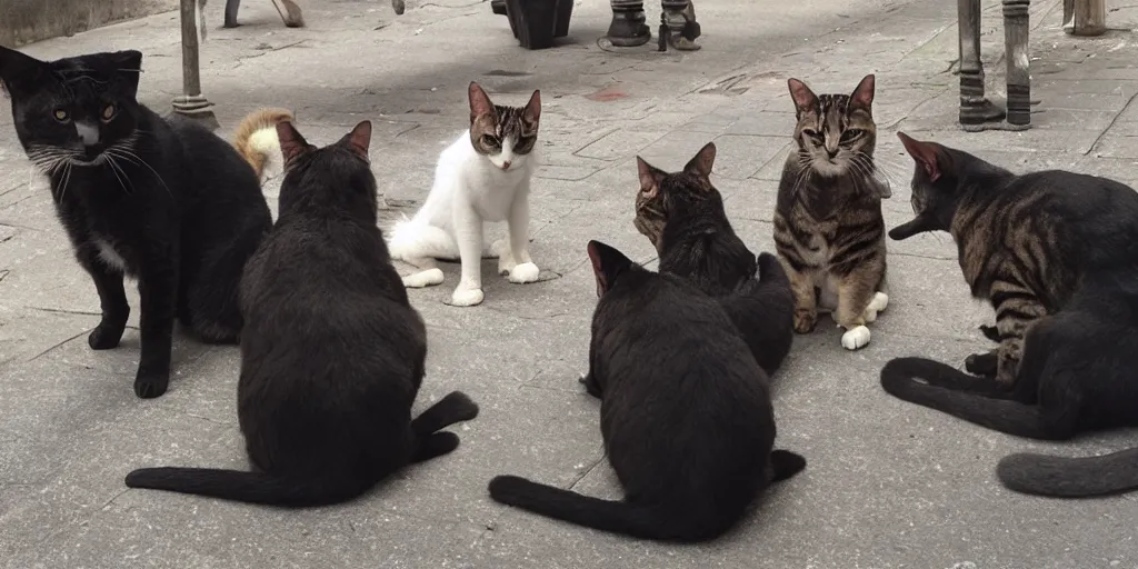 Image similar to photo evidence of a very serious joke being told by a single street cat to an opposing gang of street dogs