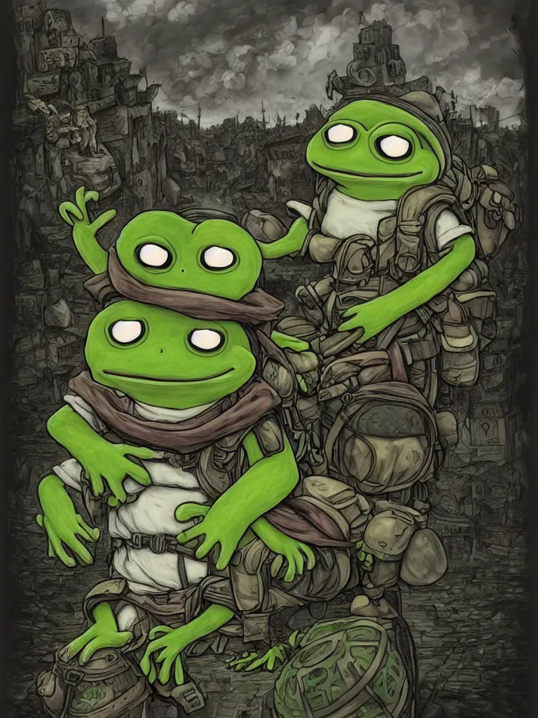 Prompt: resolution 4k worlds of loss and depression made in abyss design pepe the frog fighting in the civil war war , battlefield darkness military drummer boy , desolated city ivory dream like storybooks, fractals , pepe the frog , art in the style of and Oleg Vdovenko and Gustave dore and Akihito Tsukush