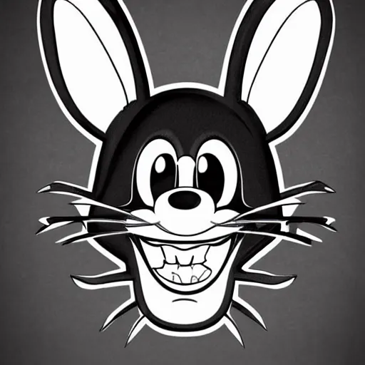 Image similar to A extremely highly detailed majestic hi-res beautiful, highly detailed head and shoulders portrait of a scary terrifying, horrifying, creepy black cartoon rabbit with scary big eyes, earing a shirt laughing, hey buddy, let's be friends, in the style of Walt Disney