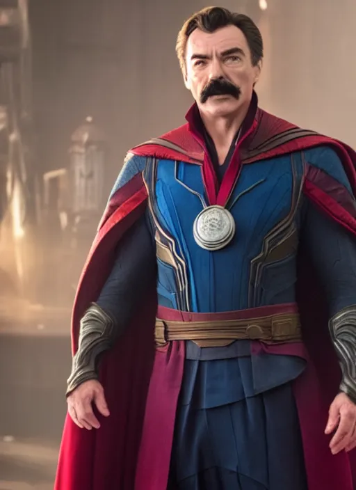 Image similar to film still of tom selleck as doctor strange in avengers endgame, 4 k