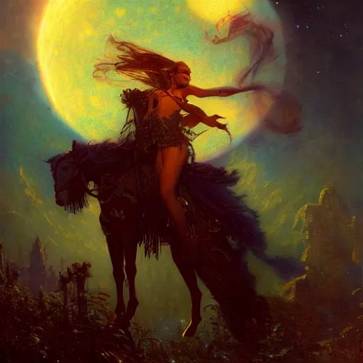 Prompt: attractive phantom on acid, fantasy, full moon in background. highly detailed painting by gaston bussiere, craig mullins, j. c. leyendecker, mid shot, 8 k realistic, cryengine, frostbite 3 engine, sharp focus