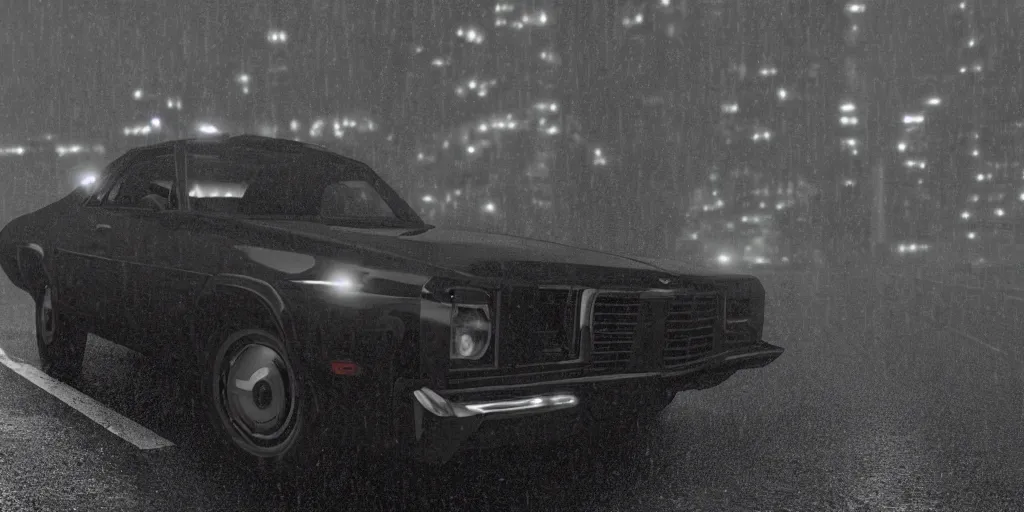 Image similar to A mysterious figure sitting in a black 1970's Chrysler Le Baron with the headlights on, parked on the side of the road in the city of New York while it is raining, by George Tooker, dark and dim, moody, sinister, lighting, 8k render, hyperrealistic