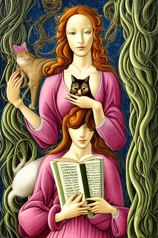 Image similar to botticelli illustration of romantic girl, her cat and her book of necronomicon, symmetrical, cinematic, sharp focus, 4 k, ultra hd, sense of awe, sinister demonic atmosphere, dreadful, forbidden knowledge, old gods, cthulhu, yog - sothoth! yah, yah, yah! cultist journal cover