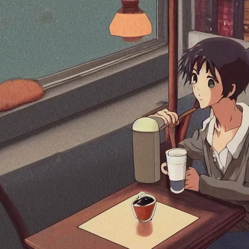 Image similar to coffee on a table, rainy day, anime, ghibli, 9 0 s, retro style, aesthetic, chill, room