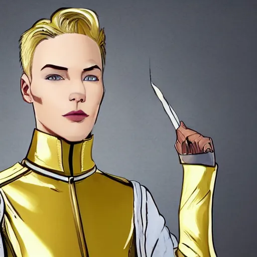 Image similar to character concept art of stoic heroic emotionless handsome blond butch tomboy woman with very short slicked-back hair, no makeup, in princely white and gold masculine satin jumpsuit with gold cape and boots, science fiction, atompunk, illustration