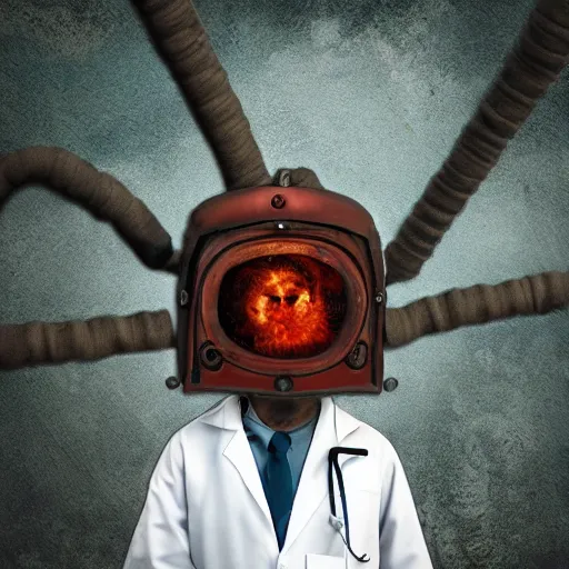 Prompt: An album cover, (fire), mask, stethoscope!, (doctor), 3d render, robot!, (unreal engine), (rust), photograph, portrait, painting, (forest)