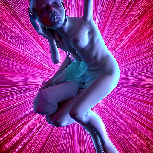 Image similar to born again christian tiktok influencer jumping and talking about how aliens are real only if you eat crayons because they see the phosphorescence in your boddy, in the style of james jean, artstation trending, 8 k, 3 d render, photorealistic, volumetric lighting caustics, pink