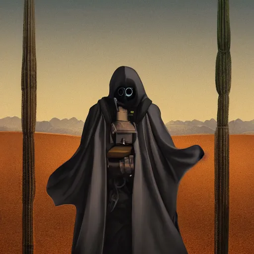 Image similar to a man wearing a long cloak and gasmask, in the desert, album cover, illustrated by Arik Roper, high detail, trending on artstation