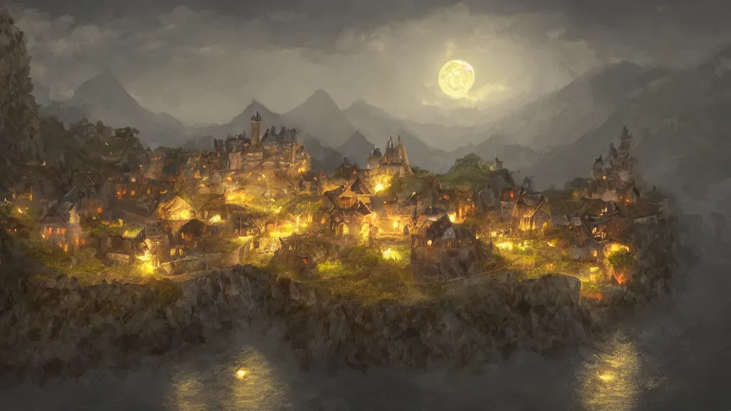 Image similar to A medieval fantasy village on the side of a cliff by the ocean , crescent moon, light glowing from windows at night, smoke from chimneys concept art by James Paick