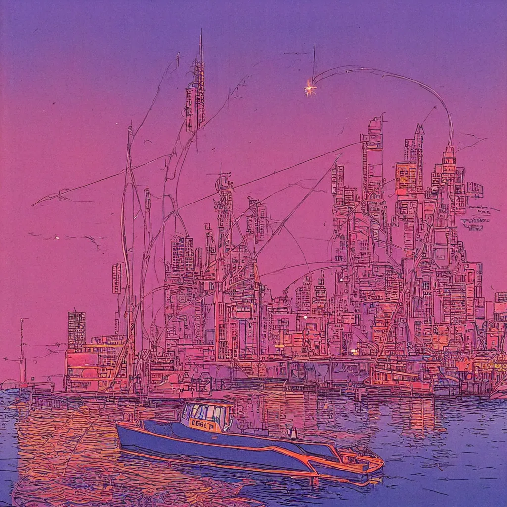 Prompt: the city lights were bright pink and orange and shone overhead. the harbour looked beautiful the sun reflecting off of the water and the neon lights of the city gave of a warm feeling, a fishing boat in first plan, by moebius