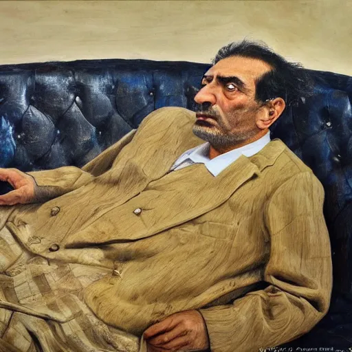 Image similar to high quality, high detail, realistic portrait of bahram beyzai, painted by lucian freud, dramatic lighting, cinematic composition