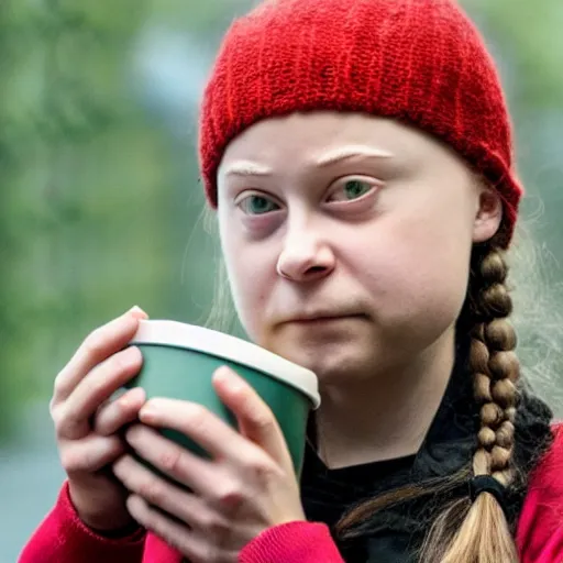 Prompt: greta thunberg drinking a cup of crude oil