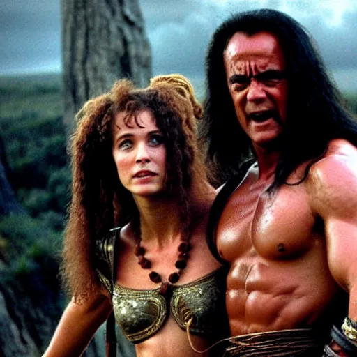 Image similar to tom hanks as conan the barbarian with a women in his arms