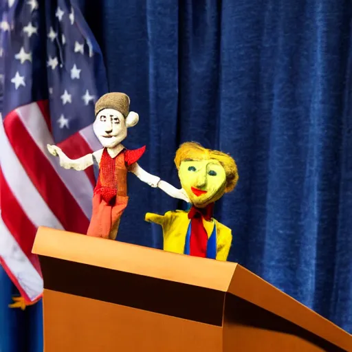 Image similar to puppeteer using marionette of a president in a podium