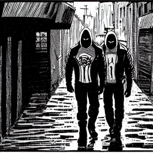 Prompt: masked wrestlers walking in a rainy alley, art by tomm coker and john paul leon, dramatic shadows