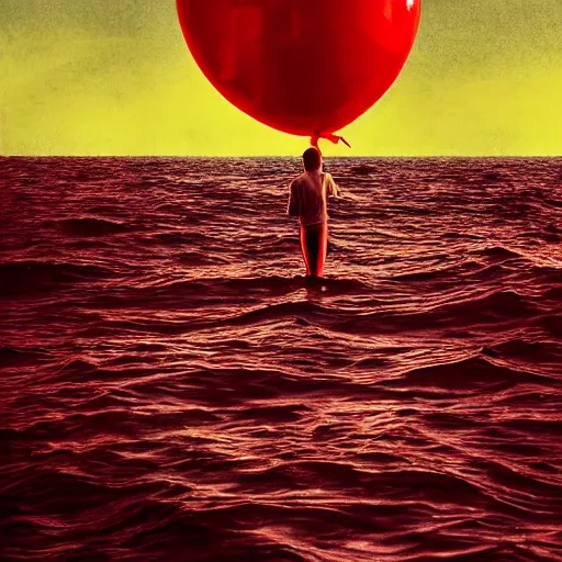 Image similar to album art of a hand holding a balloon coming out the water with a red sky by chris bilheimer, moody, digital art