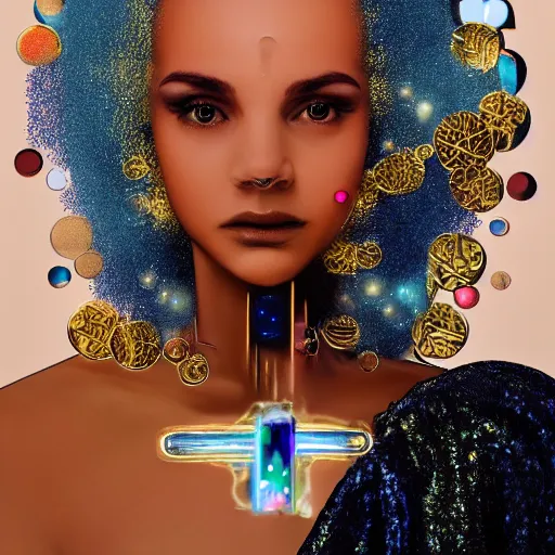 Image similar to portrait of a beautiful futuristic woman layered with high-tech jewelry wrapping around her face and head, golden-silver glow of moonlight with tiny blue, gold, and red gems scattered like dust