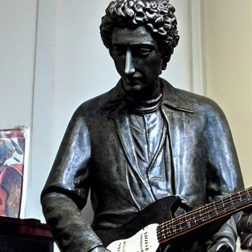 Image similar to bob dylan playing his guitar whilst sitting next to a statue of king alfred the great in wantage united kingdom, photograph