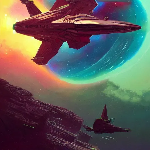 Image similar to beautiful starship in no man's sky colorful, fantasy, intricate, highly detailed, digital painting, hq, trending on artstation, illustration, style of stanley artgerm and greg rutkowski and dan mumford