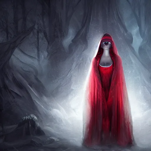Prompt: fantasy character concept portrait, digital painting, wallpaper of a seer with a red blindfold over her eyes, clothed wearing a cloak of liquid darkness, halo, by aleksi briclot, by laura zalenga, by alexander holllow fedosav, 8 k dop dof hdr, vibrant, instagram filters