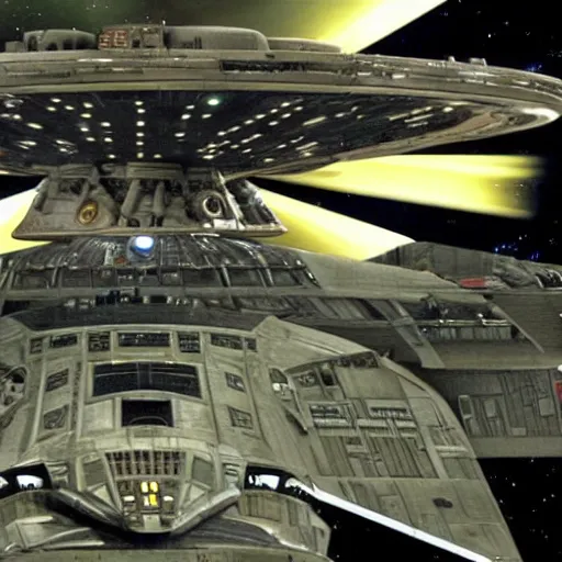 Image similar to The Starship Enterprise 1701-D chasing the Millenium Falcon