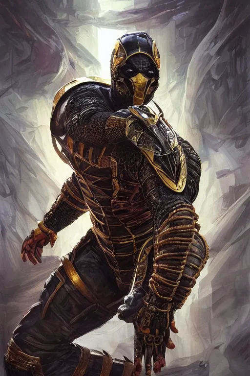 Image similar to ultra realistic illustration, scorpion from mortal kombat dressed like a wakandan warrior, hacknaut cyberpunk, sci - fi, fantasy, intricate, elegant, highly detailed, digital painting, artstation, concept art, smooth, sharp focus, illustration, art by artgerm and greg rutkowski and alphonse mucha