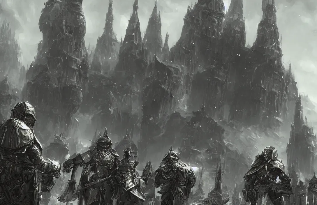 Prompt: black armoured Garlean soldiers in sci fi imperial Russia, snow capped mountains, industrial citadel black domes and spires, highly detailed beautiful concept art of an oppressive towering city, very very very clean clear digital artwork with professional composition
