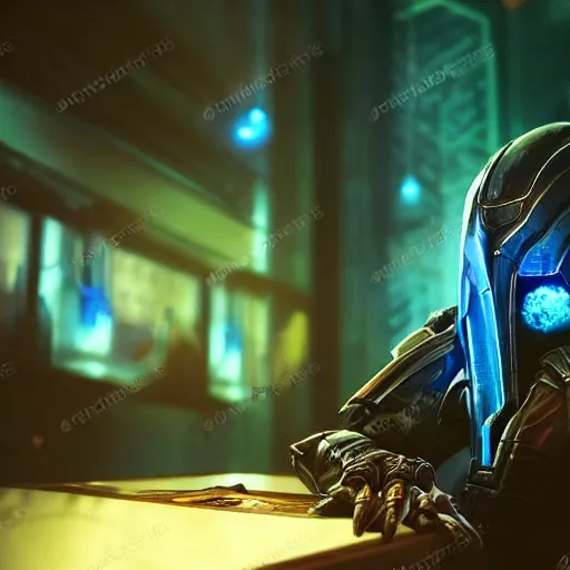 Image similar to high quality portrait of a starcraft Protoss Zealot in a cyberpunk cyberpunk cyberpunk cafe, realism, 8k, award winning photo