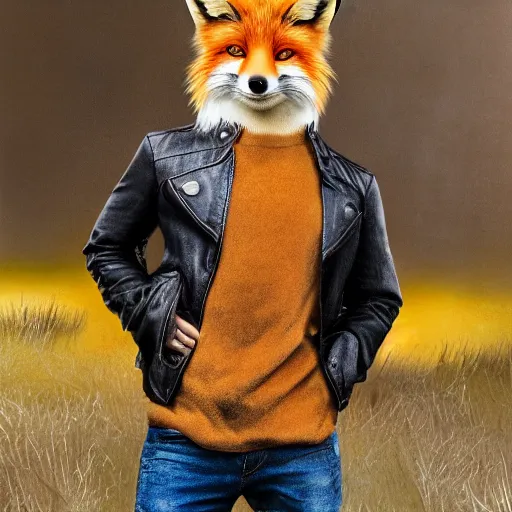 Image similar to realistic photograph of an anthropomorphic fox wearing a black leather jacket, yellow T-shirt and blue jeans, 4k detailed fur