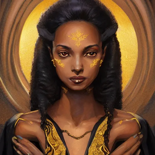 Prompt: Portrait of a tall beautiful brown-skin elf woman wearing stylish black and gold robes, warm and gentle smile, intricate, elegant, highly detailed, digital painting, smooth, sharp focus, bust view, visible face, artstation, graphic novel, art by stanley artgerm and greg rutkowski and peter mohrbacher,