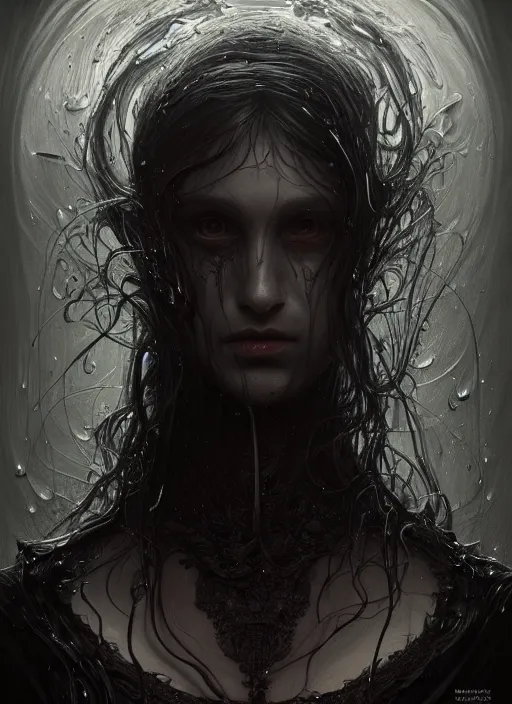 Prompt: a full body perspective of a creepy preistess of moody elemental darkness, crooked nose, wet, fantasy, shiny, intricate, elegant, highly detailed, ultra definition, digital painting, artstation, vray, concept art, smooth, high speed photography, illustration, art by artgerm and greg rutkowski and alphonse mucha and james jean