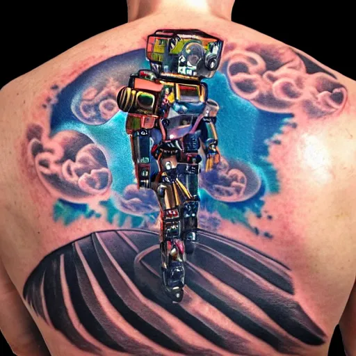 Prompt: backside on the shoulders is a tattoo of a hole in the skin with multicolored robotic mechanics and belts gears and motorparts inside under the skin, insanely integrate, 3 d