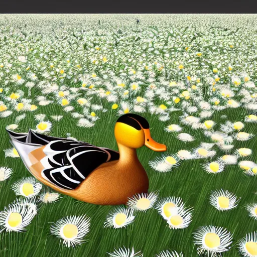 Image similar to A 3d render of a duck walking through a field of daisies, lots of little daisies, digital art