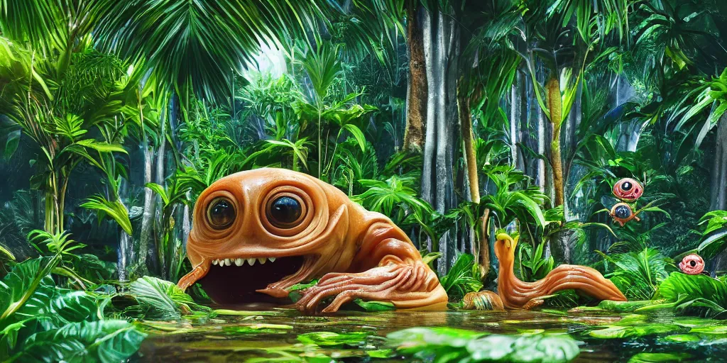 Prompt: of a tropical rainforest lake with strange cute friendly happy creatures with huge eyes, mouth, long tongue, round teeth and goofy face, appearing from the trees, in the style of gehry and gaudi, macro lens, shallow depth of field, ultra detailed, digital painting, trending artstation, concept art, illustration, cinematic lighting, photorealism, epic, octane render