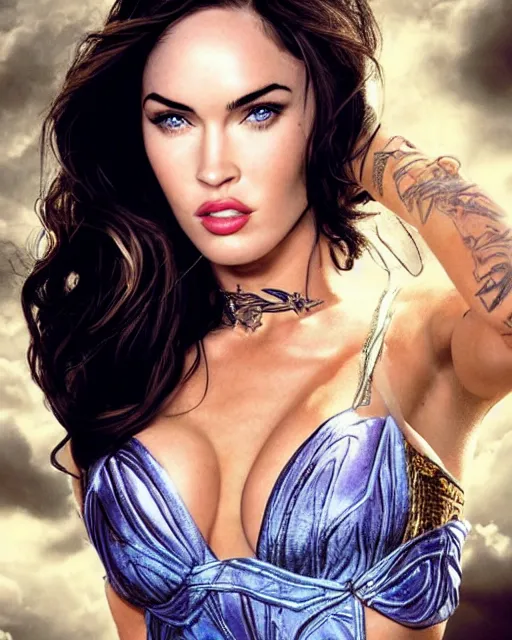 Image similar to megan fox as a hot Greek goddess in the sky, highly detailed, detailed face, beautiful face