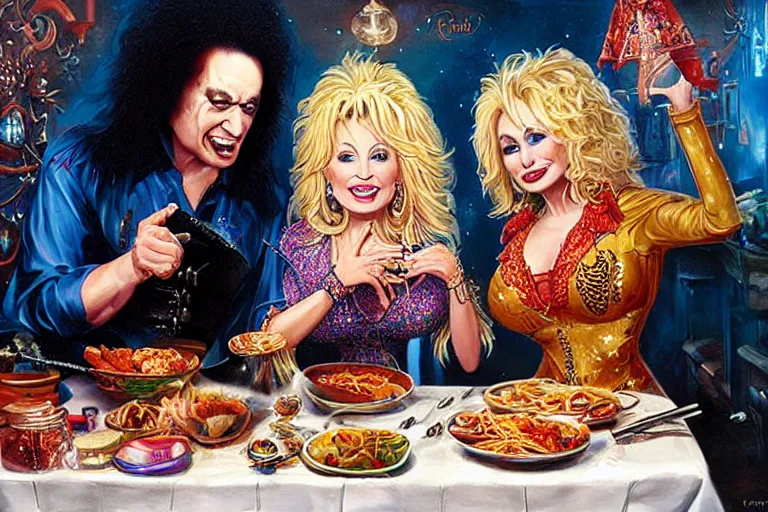 Prompt: dolly parton having a spaghetti dinner with gene simmons in kiss makeup, an oil painting by ross tran and thomas kincade