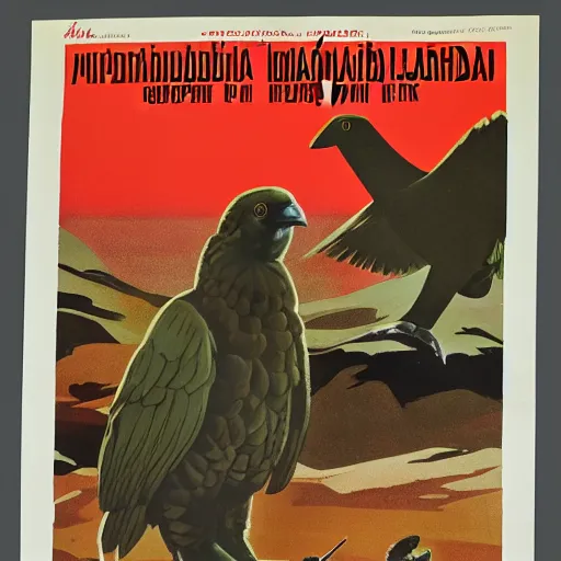 Image similar to soviet propaganda poster depicting a dromaius novaehollandiae in military uniform