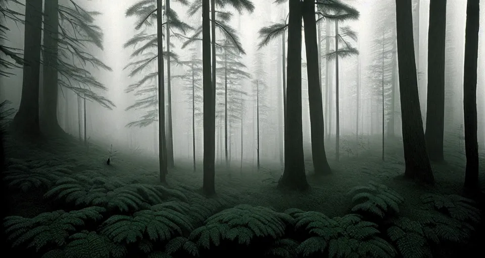 Image similar to deep inside the forest, fog, mist, moss, ferns, by ansel adams, polaroid