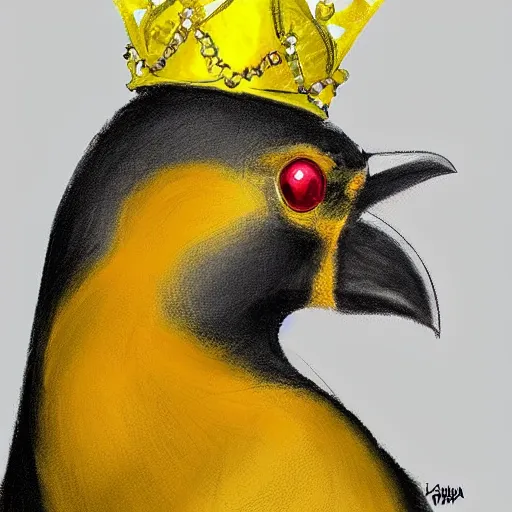 Image similar to an elegant yellow!! bird!!! wearing a crown!!! and a red! bow!! tie!!, very very beautiful, high quality, detailed, 4k, digital art, artstation, smooth