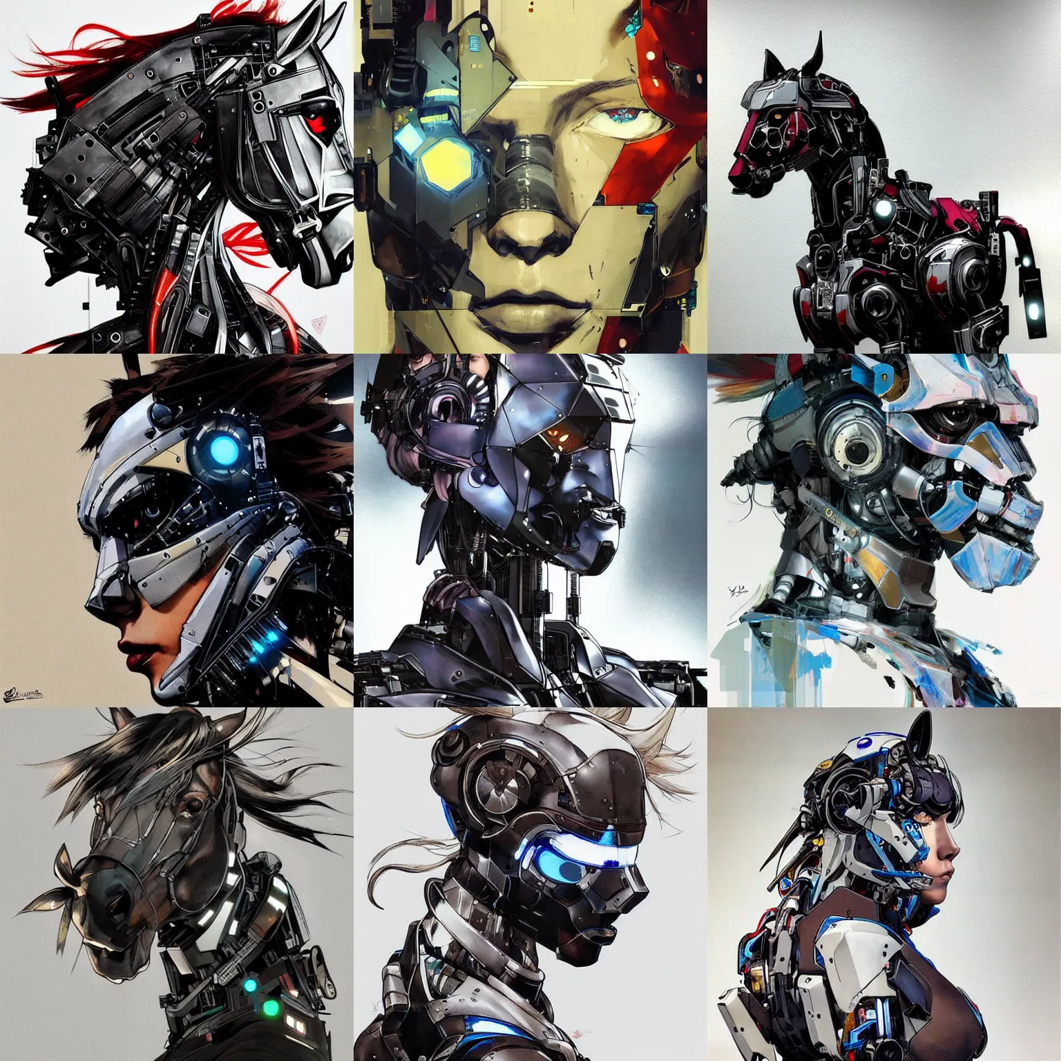 Prompt: a beautiful side portrait of a robotic horse cyborg. art by yoji shinkawa and sandra chevrier, trending on artstation, award - winning, perfect composition.