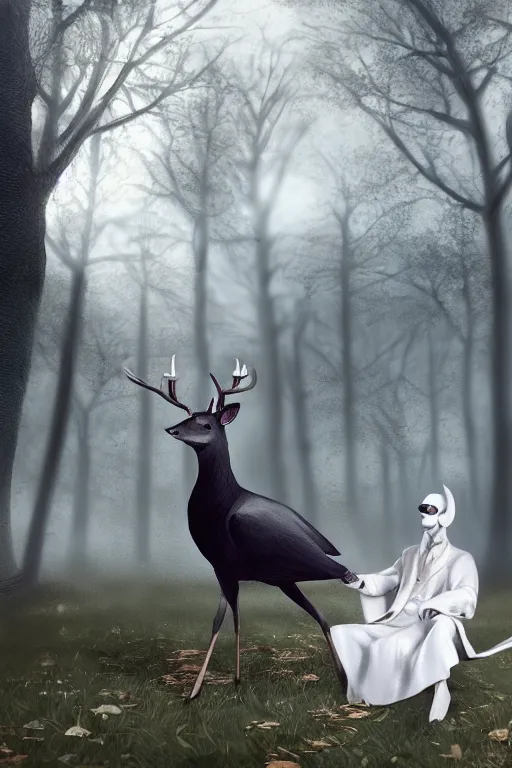 Image similar to Louis the deer wearing a white formal coat conversing with a crow, hyperrealistic, concept art, octane render, trending on DeviantArt, cel shaded, highly detailed, high quality, 8K, soft lighting, cute, natural lighting, anime face, trending on Artstation, trending on e621, elegant clothes, profile picture, path traced, house background