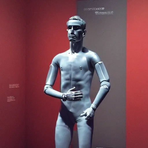 Image similar to “ a realistic detailed photo of a guy who is an attractive humanoid who is half robot and half humanoid, who is a male android, soccer player antoine griezmann, shiny skin, posing like a statue, blank stare, at the museum, on display ”