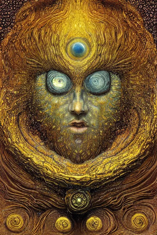 Image similar to The Ergot Spore by Karol Bak, Jean Deville, Gustav Klimt, and Vincent Van Gogh, otherworldly, fractal structures, arcane, prophecy, ornate gilded medieval icon, third eye, spirals